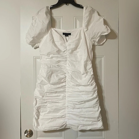 Sanctuary Split Square Neck Short Puff Sleeve Shirred Poplin Mini Dress size 12 - Picture 3 of 7